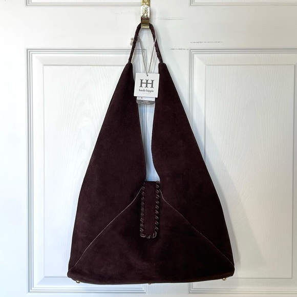 NWT Haute Hippie Genuine Suede Triangle Hobo Bag Rich Brown Color - Picture 2 of 9